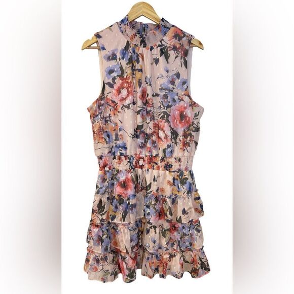 Everlily High Neck Sleeveless Blush Floral Chiffon Tiered Ruffle Dress Size XXL - Picture 2 of 12